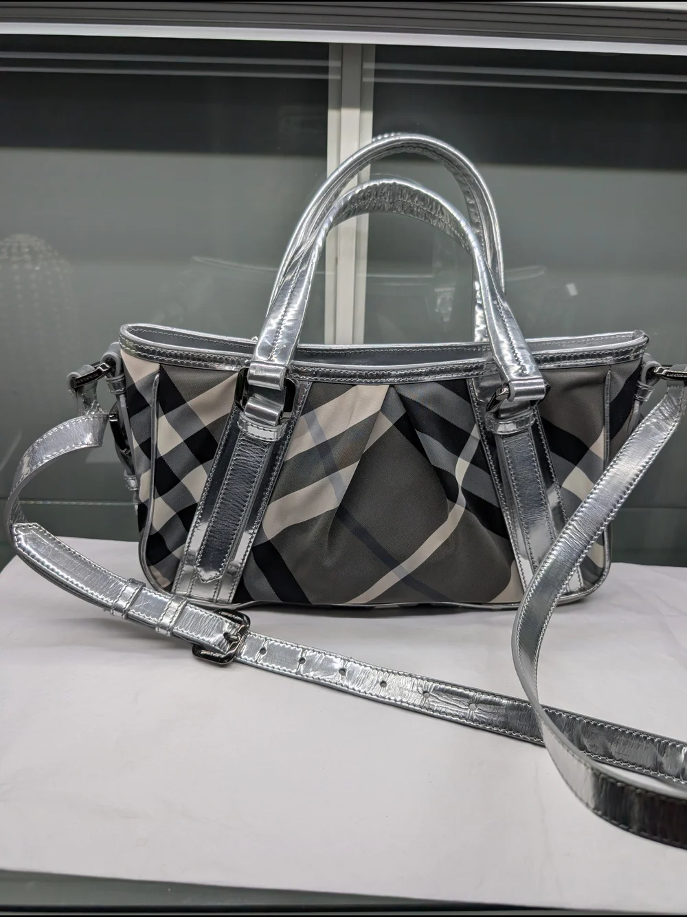 Burberry Black & Silver Plaid Tote Handbag